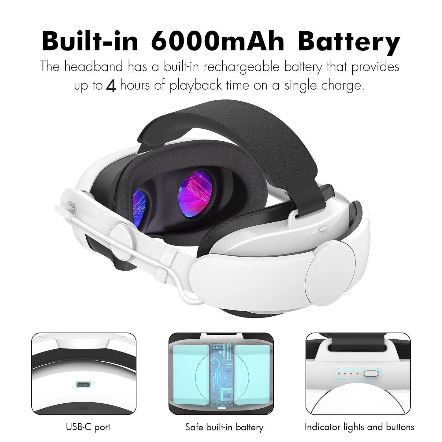 Enhanced Elite Battery Head Strap With 6000mAh Battery For Meta Quest 3/3S